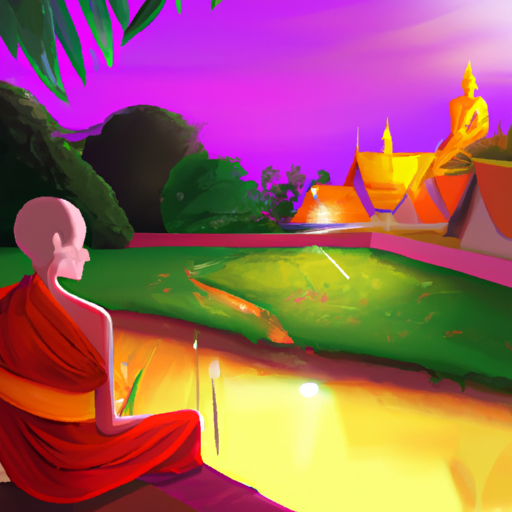 תמונה שלווה של מקדש בודהיסטי עם נזירים המדיטים, המייצגים את החיים הרוחניים בתאילנד.