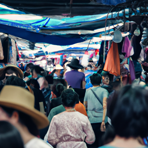 תמונה המתארת סצנה שוקקת בשוק תאילנדי מסורתי, המדגישה את חיי היומיום התוססים.