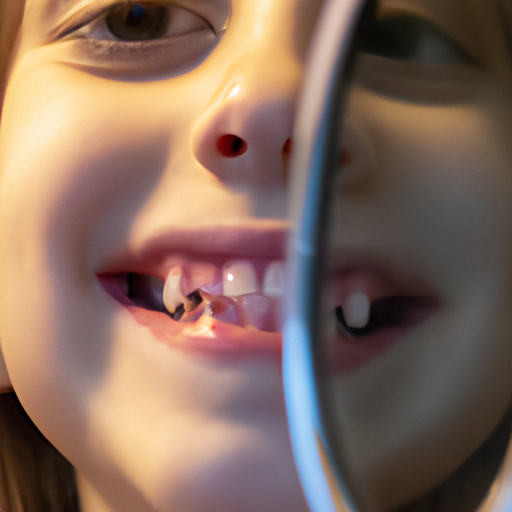 ילדה מביטה במראה, פער בחיוכה נראה לאחר אובדן שן חלב