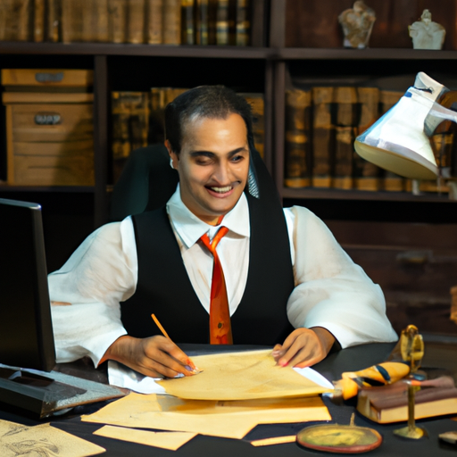 נוטריון ספרדי מקצועי במשרדו, מטפל במסמכים משפטיים.