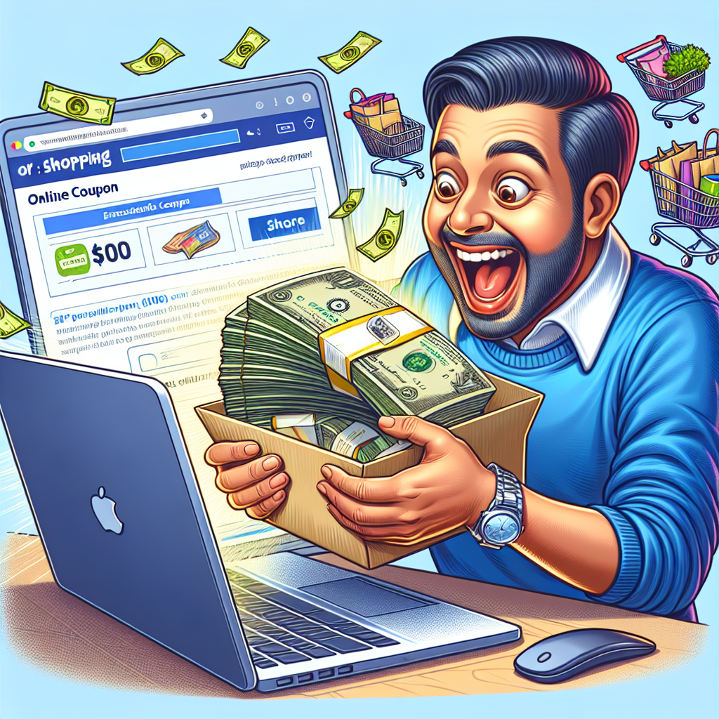 Illustration of a shopper joyfully discovering money inside an online coupon.